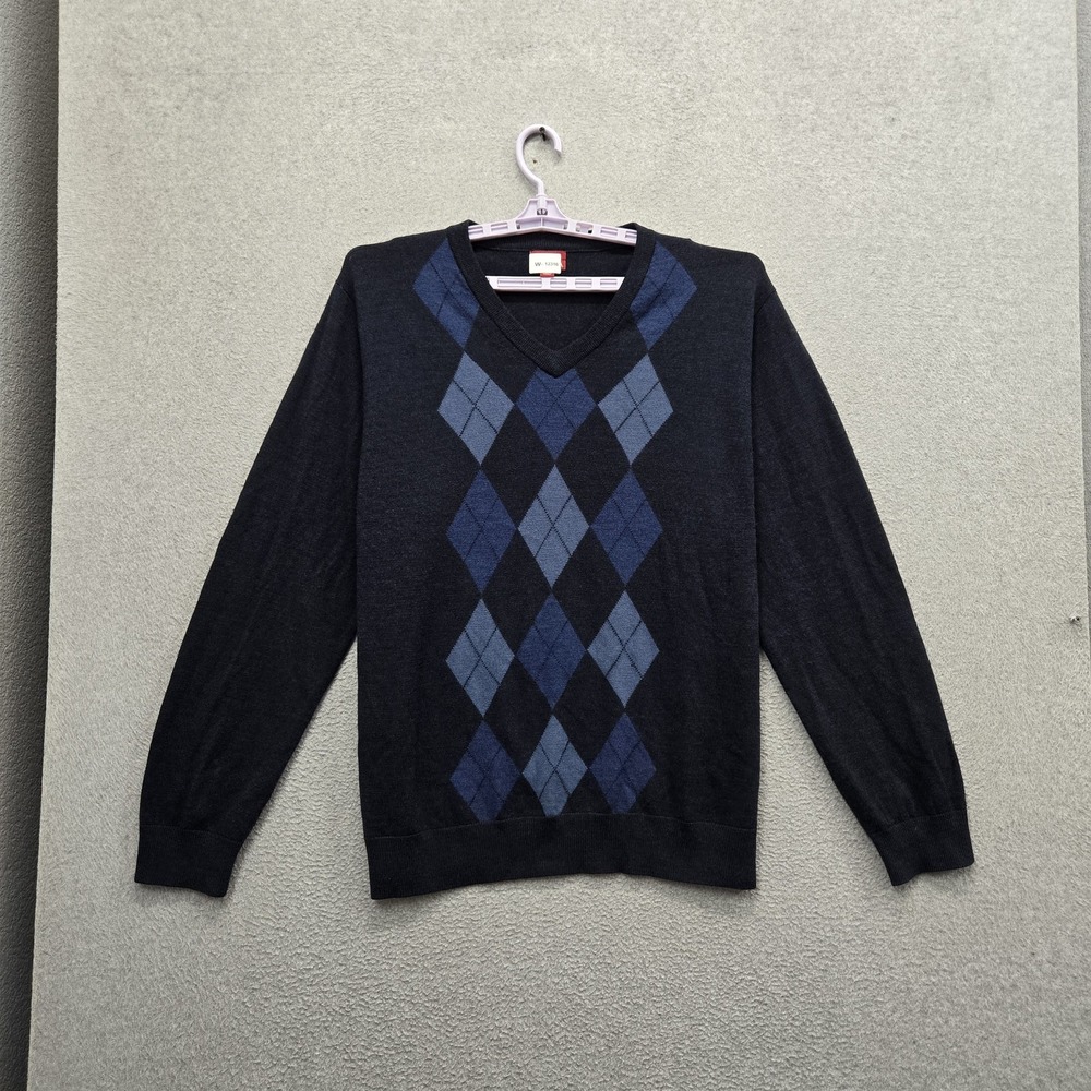 Merona Men Sweater XXL Navy Argyle/diamond Merino Wool Old Money Preppy